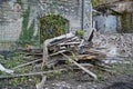 Wooden beams and planks after the demolition of a building