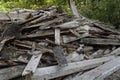 Wooden beams and planks after the demolition of a building