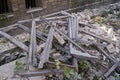 Wooden beams and planks after the demolition of a building