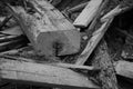 Wooden beams and planks after the demolition of a building