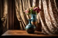 Wooden beautifull table with an old-fashioned vase and a curtain Generated Ai