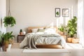 Wooden bed with bedding against of window. Nordic interior design of modern bedroom with many houseplants. Created with generative