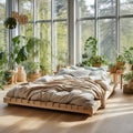 Wooden bed with bedding against of window. Nordic interior design of modern bedroom with many houseplants