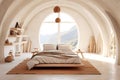 Wooden bed in chalet in eco hotel. Interior design of modern bedroom with white arched ceiling and ellipse window. Created with Royalty Free Stock Photo