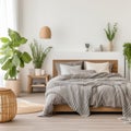 Wooden bed with grey bedding in light Scandinavian interior design of modern bedroom with many houseplants