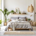 Wooden bed with grey bedding in light Scandinavian interior design of modern bedroom with many houseplants