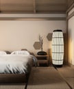 Interior Wooden bed japanese style and zen lamp on tatami mat design hexagon wooden tiles wall.3D rendering