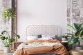 Wooden bed in loft apartment design, interior of bedroom with empty wall mockup Royalty Free Stock Photo