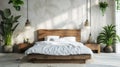 Wooden bed in loft apartment design, interior of bedroom with empty wall mockup. AI Generative Royalty Free Stock Photo