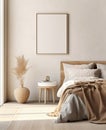 Wooden bed near white wall with empty mockup poster frame. Interior design of modern bedroom. Created with generative AI Royalty Free Stock Photo