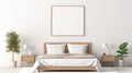 Wooden bed near white wall with empty mockup poster frame. Interior design of modern bedroom Royalty Free Stock Photo