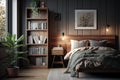 Wooden bedroom corner with bookcase