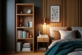 Wooden bedroom corner with bookcase