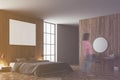 Wooden bedroom corner, gray bed toned Royalty Free Stock Photo