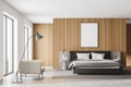 Wooden bedroom interior with bed and concrete floor, mockup poster Royalty Free Stock Photo