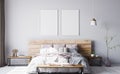 Wooden bedroom interior in beige and pink color on light background