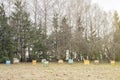 Wooden bee hives in a garden Royalty Free Stock Photo