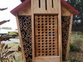 Wooden bee house or hive with small holes