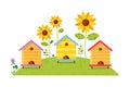 Wooden beehives on beautiful summer landscape with green meadow and sunflowers cartoon vector illustration Royalty Free Stock Photo