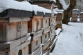 Wooden beehives in a snow shower. Snow falls on wooden beehives of domestic production. hidden bees, however, know nothing. Autumn Royalty Free Stock Photo