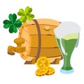 Wooden beer keg, a glass of green beer foam. Royalty Free Stock Photo