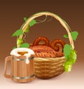 Wooden beer mug. Wicker basket with pretzels and grilled sausages Royalty Free Stock Photo