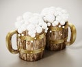 Wooden beer mugs with foam. 3D illustration