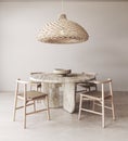 Wooden beige diningroom interior with dining table, wicker chandelier and chairs background. Natural light brown stone