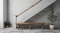 Wooden bench against grey wall and staircase.