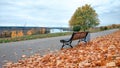 Wooden bench autumn in park, background golden leaves from trees, October September, rest walk the park. In distance Royalty Free Stock Photo