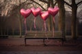 A wooden bench decorated with three balloons shaped like hearts, adding a touch of love and whimsy to the scene, An assortment of