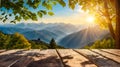 Wooden bench is in front of large mountain range with the sun shining on it making for beautiful view. Generative AI Royalty Free Stock Photo