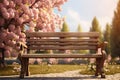 Wooden Bench in Garden with Beautiful Pink Flowers at Springtime Royalty Free Stock Photo