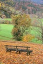 Wooden bench in idyllic autumnal landscape