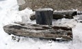 Wooden bench log and snow in Dolomity mountains, winter image Royalty Free Stock Photo