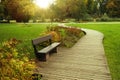 Wooden bench near pathway in beautiful public city park on autumn day Royalty Free Stock Photo