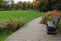 Wooden bench near pathway in beautiful public city park Royalty Free Stock Photo