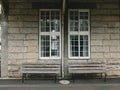 Wooden bench at the old train station Royalty Free Stock Photo