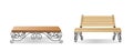 Wooden bench or park chair, garden wood seats. Realistic sitting furniture for street rest