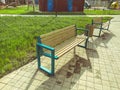 Wooden bench in the park on the street. recreation of people outdoors. seats made of natural materials for the rest of tired Royalty Free Stock Photo