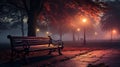 Wooden Bench in the Park on a Tranquil Autumn Night