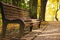 Wooden bench, pathway and fallen leaves in beautiful park on autumn day
