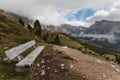 Wooden bench in Puez-Geisler Nature Park, Dolomites