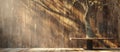 Wooden bench rests on grass under tree, facing wooden wall Royalty Free Stock Photo