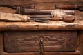 Wooden bench and rusty tools