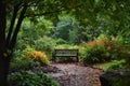 A wooden bench sits amidst a dense forest, offering a place to rest and enjoy the natural surroundings, A quiet moment of Royalty Free Stock Photo