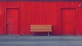 A wooden bench sitting in front of two red doors, AI Royalty Free Stock Photo