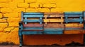 A wooden bench sitting in front of a yellow wall. Generative AI image. Royalty Free Stock Photo