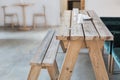 Wooden bench and table indoor. Rural rustic interior. Product display. Empty country cafe or dining room interior. Copyspace