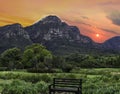 Wooden bench and table mountain in Kirstenbosch Botanical Garden Cape Town South Africa